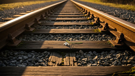 Lone snowdrop on railroad ties, peaceful nature, sunrise. Railway tracks with wooden sleepers.の素材