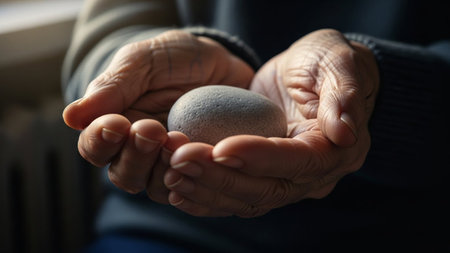 Elderly hands gently cradle a smooth gray stone, symbolizing peace, remembrance, and comfort. Image evokes serenity, connection to nature, and thoughtful contemplation.の素材
