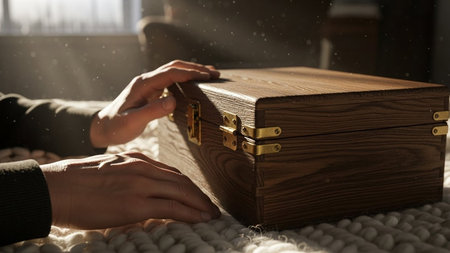 hands opening antique wooden treasure chest box soft fuzzy blanket intimate discovery sentimental keepsake unveiling cherished memoriesの素材