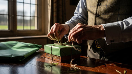 man wrapping boxing day gift green paper twine detailed preparation special occasion presentation thoughtful gesture festive surprise holidayの素材