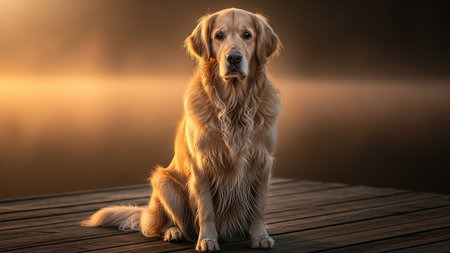 Adorable golden retriever posing during beautiful sunset on wooden floor. Cute furry dog relaxing on wooden pier at dawn.の素材