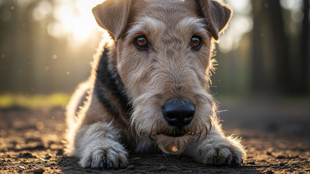 Airedale terrier dog lying on ground outdoors looking into camera with warm sun backlighting. Cute domestic animal relaxing in nature.の素材