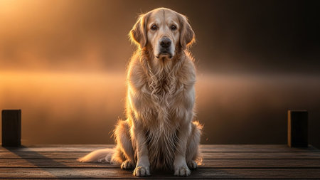 Golden retriever sitting on wooden deck. Serene dog portrait. Warm sunset lighting. Calm and peaceful dog. Beautiful animal photography.の素材