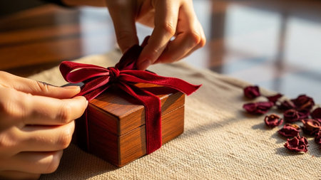 Female hands wrapping wooden present box with dark red ribbon. Elegant romantic gift preparation on rustic table background with rose petals.の素材