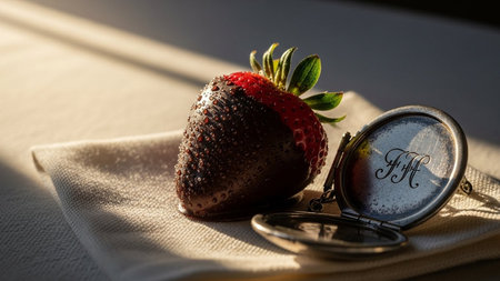Sweet chocolate-dipped strawberry with glistening sprinkles rests beside an open antique locket on soft fabric, illuminated by warm light.の素材