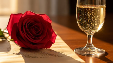 Beautiful blooming red rose placed on vintage manuscript paper with glass of bubbly wine. Romantic setting for dinner date and celebration.の素材