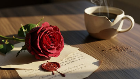 Warm romantic moment with a steaming coffee mug beside a dewy red rose. A sealed letter rests on a rustic wooden table, bathed in soft, inviting light.の素材