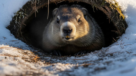 Groundhog peeking out of its burrow. Snow on ground. Winter ending. Cute rodent emerging. Natural habitat.の素材
