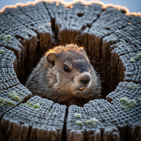 Groundhog in tree hole. Woodchuck peeking out. Marmot winter frost. Animal head portrait. Rodent in hollow log. Frosty morning wildlife.の素材