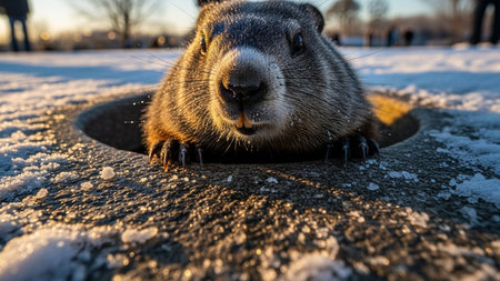 Groundhog peeking out snowy hole low angle sunrise light illuminates mammal face whiskers outdoors winter wildlife morningの素材