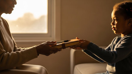 Elderly person presents a cherished small volume to little girl sharing meaningful object in soft sunlight.の素材