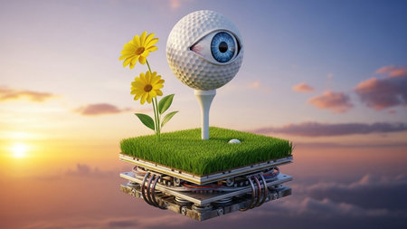 Creative surrealism concept. Eyeball golf ball on green grass patch. Yellow flowers blooming. Floating platform in sky. Sunset clouds view.の素材