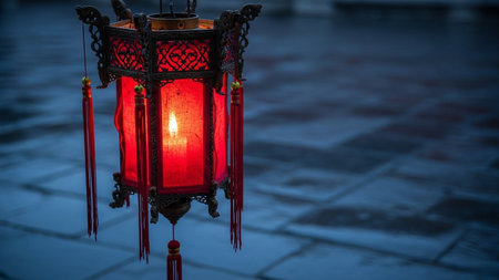 Traditional red chinese lantern with ornate carvings and tassels, illuminated by flickering candle, resting on wet stone pavement in dim lightの素材
