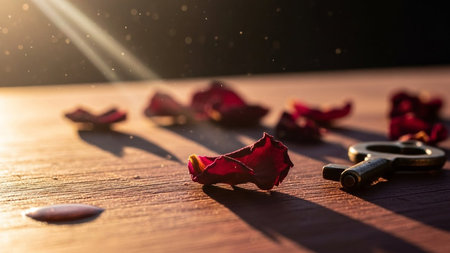 Dark red rose petals and antique key lie on a wooden surface. Golden light streams across, creating a warm, nostalgic atmosphere.の素材