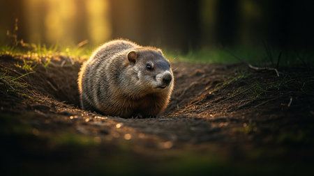 Adorable woodchuck peeks out from dirt burrow low angle perspective golden light illuminating thick fur wildlife habitat earth ground soilの素材