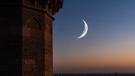 Traditional architecture features ornate carvings under lunar light. Peaceful twilight atmosphere captures beauty of islamic heritage art.の素材