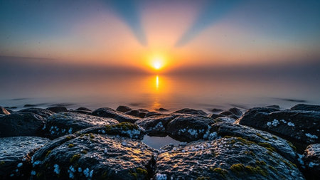 Smooth, reflective ocean surface captures brilliant dawn colors; sunburst effect; wet foreground boulders; serene, misty atmosphere.の素材