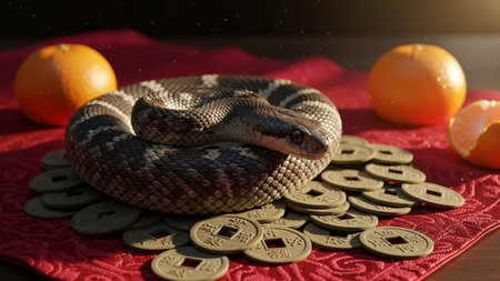 Exotic reptile sits atop traditional brass currency. Festive setup includes citrus fruit and vibrant background for oriental spring festival.の素材