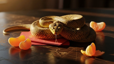 Oriental holiday still life featuring brown viper mandarin segments good fortune symbolism traditional red packet gifts textured wooden surfaceの素材
