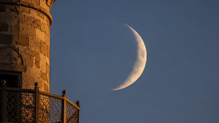 Slender crescent moon setting over ornate stone minaret structure balcony railing beautiful twilight scene religious holiday symbol peacefulの素材