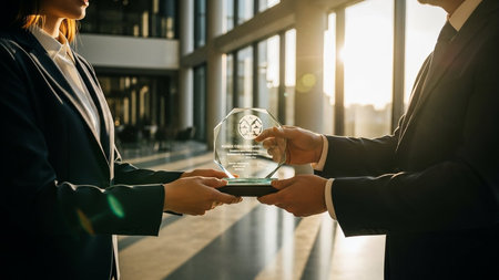 Two business people exchanging crystal trophy award honoring employee achievement and excellence. Professional recognition in modern office hallway.の素材
