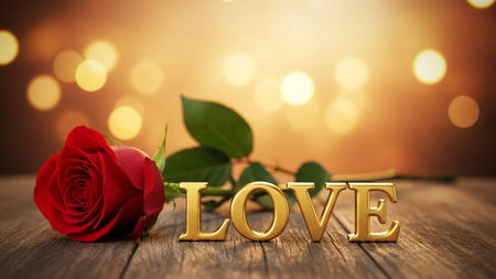 A single vibrant red rose next to golden 'LOVE' text on a rustic wooden surface. Romantic atmosphere, celebration, Valentine's Day, anniversary.の素材