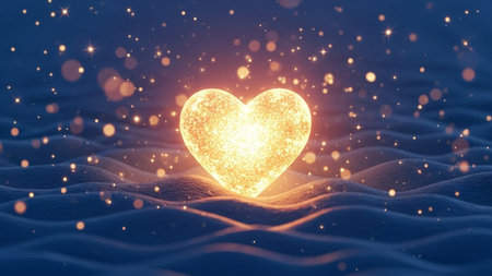 Magical luminous heart with glittering particles on dark blue background. Romantic light effect for valentines and special moments.の素材