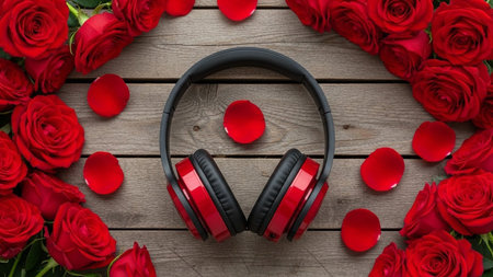 Audio equipment nestled among vibrant red roses and scattered petals, rustic wood surface settingの素材