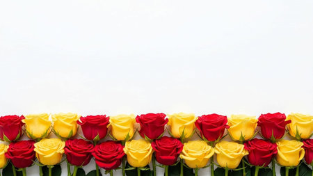 Colorful alternating roses border white empty space for text, bright floral arrangement, vivid color contrast, top viewの素材