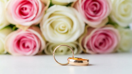 Close-up of two shiny gold wedding bands resting together on white surface with a background of blurred pink and white roses symbolizing marriage love romanceの素材
