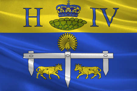 Flag of Pau is a commune on the northern edge of the Pyrenees, and capital of the Pyrenees-Atlantiques Departement in the region of Nouvelle-Aquitaine, France. 3D illustrationの写真素材