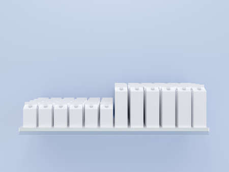Grocery retail shelf with carton products and shelf talker isolated on blue background. design template for mock up. 3d rendering image for display product object in supermarketの写真素材