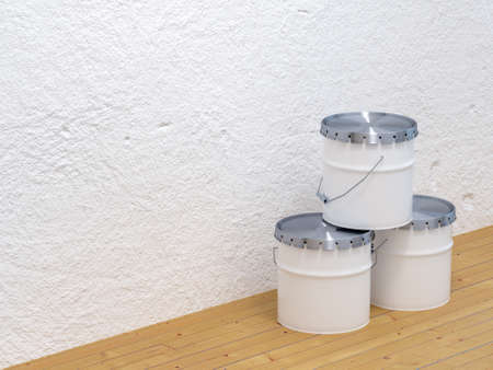 Wooden plank shelf with three paint buckets. With white plaster concrete background. 3d render mockup image with side viewの写真素材