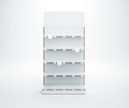 3D image of front view white blank showcase display shelves with topper, wobler, price tags staying on isolated white backgroundの写真素材