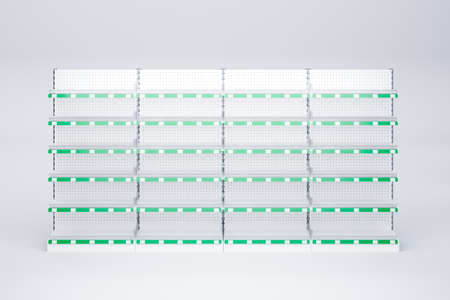 Four Supermarket Showcase Displays with Shelves, green shelf talkers with price tags and transparent separators between shelvingsの写真素材