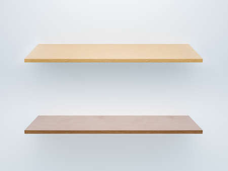 3D image set of two wooden shelf with different light and dark wood texture. Design template on isolated gray backgroundの写真素材