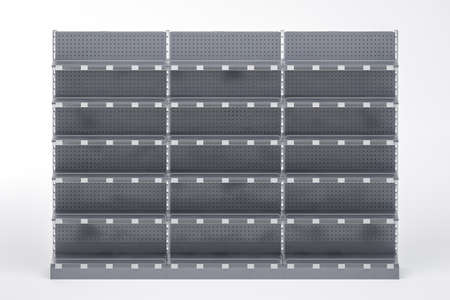 3D image of three black supermarket showcase displays with shelves, shelf talkers with price tags and shelf protectionの写真素材