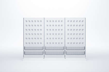 3D image of grocery shelves racks with hooks and metal grid basket for instruments and other products without topper and steel frameの写真素材