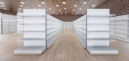 3D image front view of two long rows grocery shelves inside premium supermarket interior