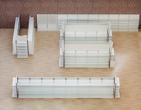 3D image isometric top side close-up view of grocery shelves in premium supermarket interior