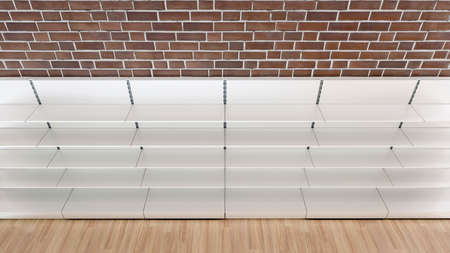 3D image top front view of five in a row grocery shelves inside premium supermarket interiorの写真素材