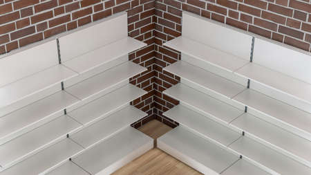 3D image side view of few grocery shelves staying in the corner inside premium supermarket interiorの写真素材