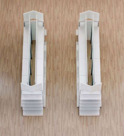3D image top front view of two rows grocery shelves with toppers and stoppers inside premium supermarket interiorの写真素材