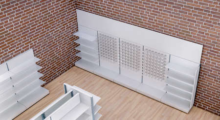 3D image top side front view of five grocery shelves in a row with topper and hooks inside premium supermarket interiorの写真素材