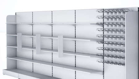 3D image of grocery shelves with differents types of showcase. Shelves with shelfs and with hooks. Also it has shelf stoppers and big side stoppers.の写真素材