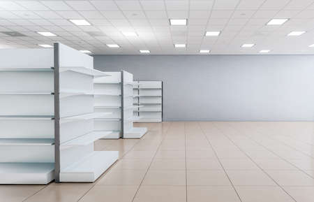 3D image of grocery shelves rows with free space at the right inside cheap supermarket interiorの写真素材