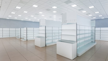 3D image side view of grocery shelves with toppers, ad mockup boxes and stoppers inside cheap...