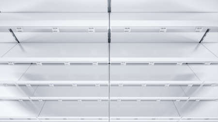 3D image top view of grocery shelves mockup in close up with shelf talkers and price tags.の写真素材