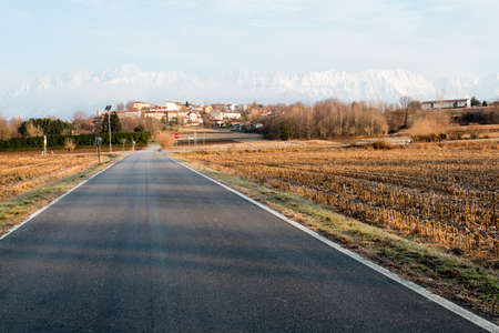 A look from the hills. The first snow in mountainsの写真素材