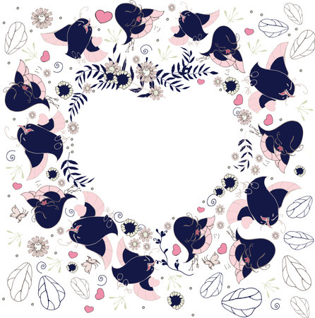 Floral and decorative composition in the shape of a heart with birds in love on a white background.Postcard. Valentine's Day, March 8, beloved mother, wife. Nice wedding dress. Hand-drawn graphics.のイラスト素材